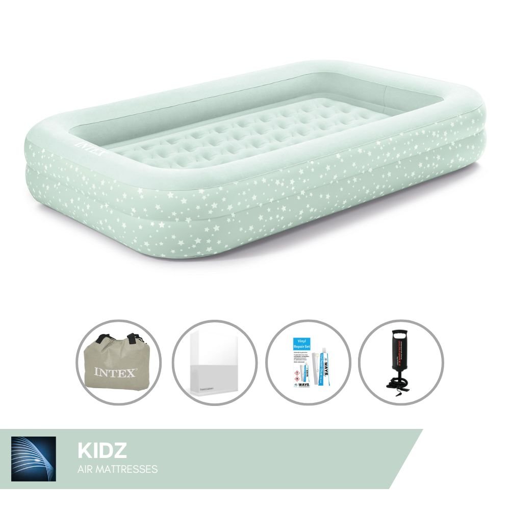 Łóżko powietrzne Intex Kidz - 1-osobowe - 107x168x25 cm (szer. x dł. x wys.) - Miętowa zieleń - Z pompką ręczną + prześcieradło białe + zestaw naprawczy