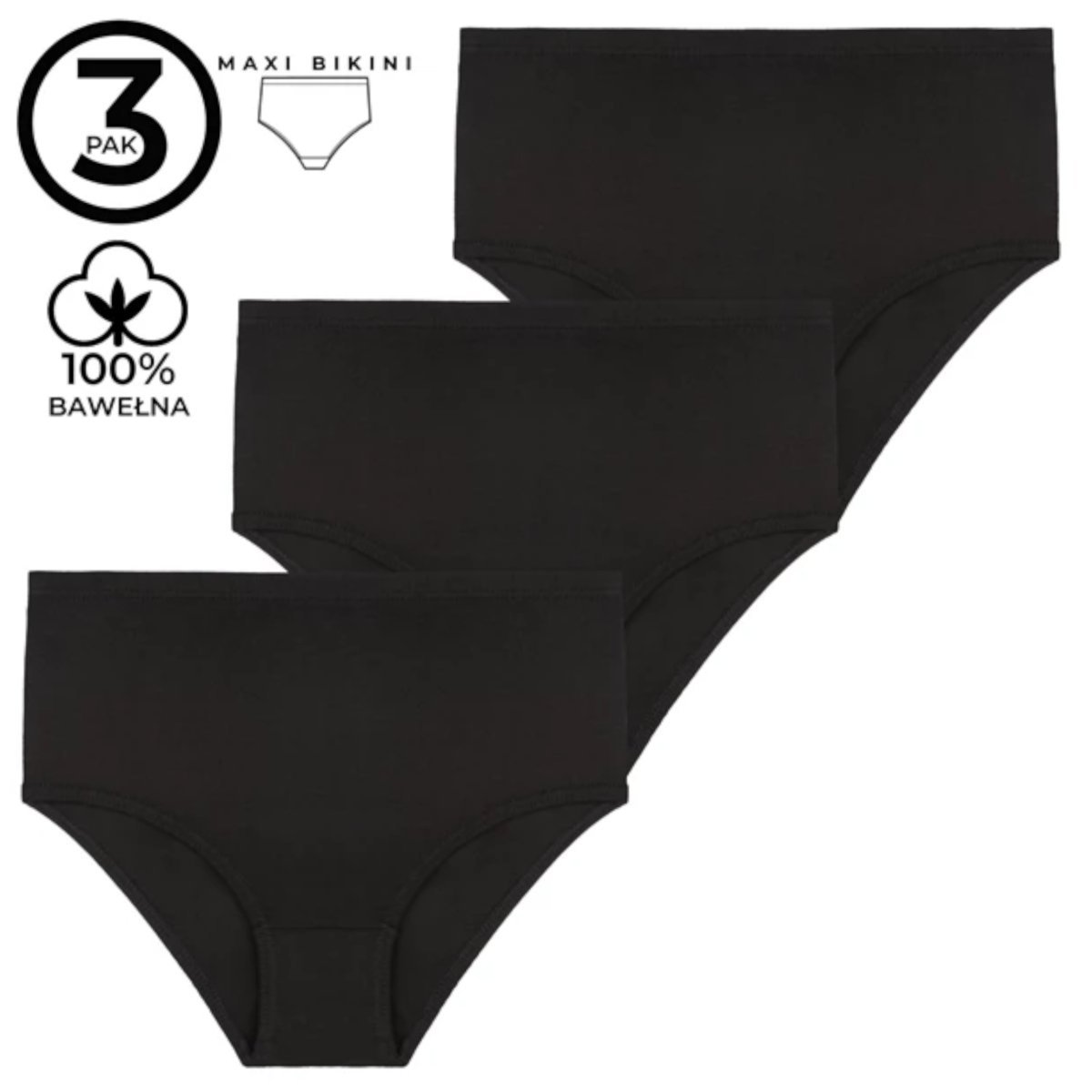 Damskie figi maxi bawełniane majtki wysoki stan klasyczne czarne 3-pak XL