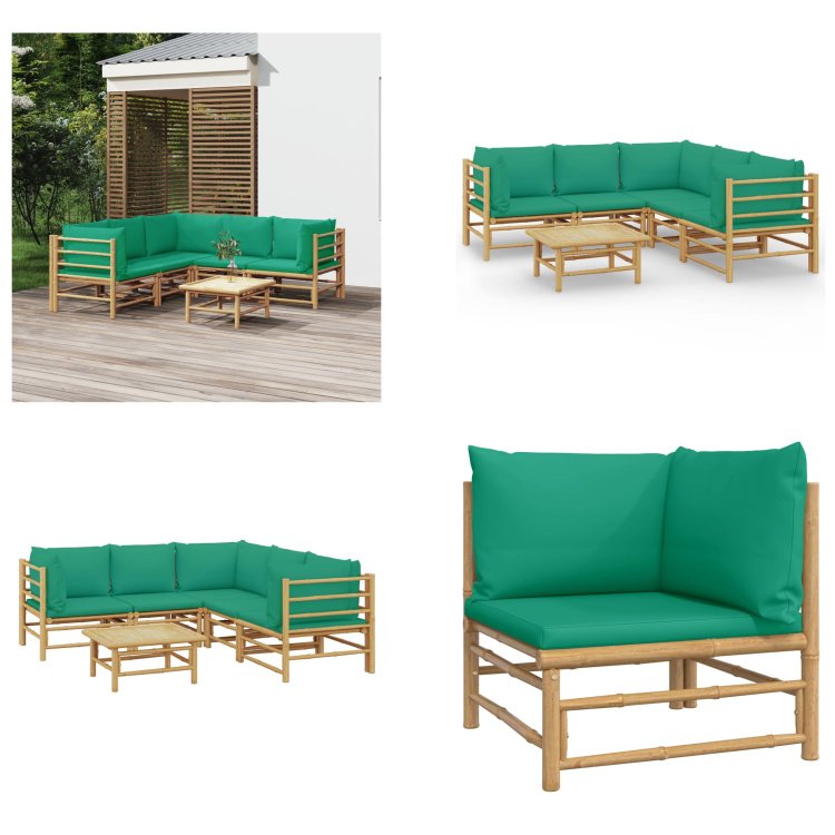 vidaXL 6-częściowy zestaw wypoczynkowy do ogrodu z zielonymi bambusowymi poduszkami - Zestaw wypoczynkowy do ogrodu - Zestawy wypoczynkowe do ogrodu - Zestaw wypoczynkowy - Zestaw mebli ogrodowych