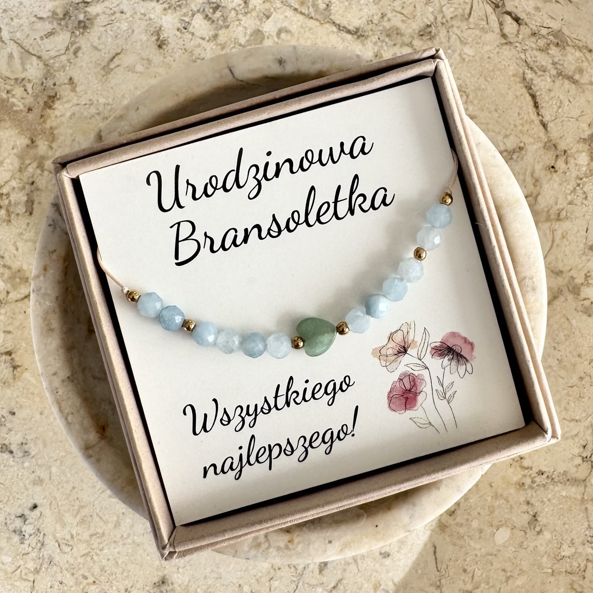 Bransoletka Akwamaryn – Kamień Marca i Znaków Ryby & Baran Regulowana, Prezent Urodzinowy