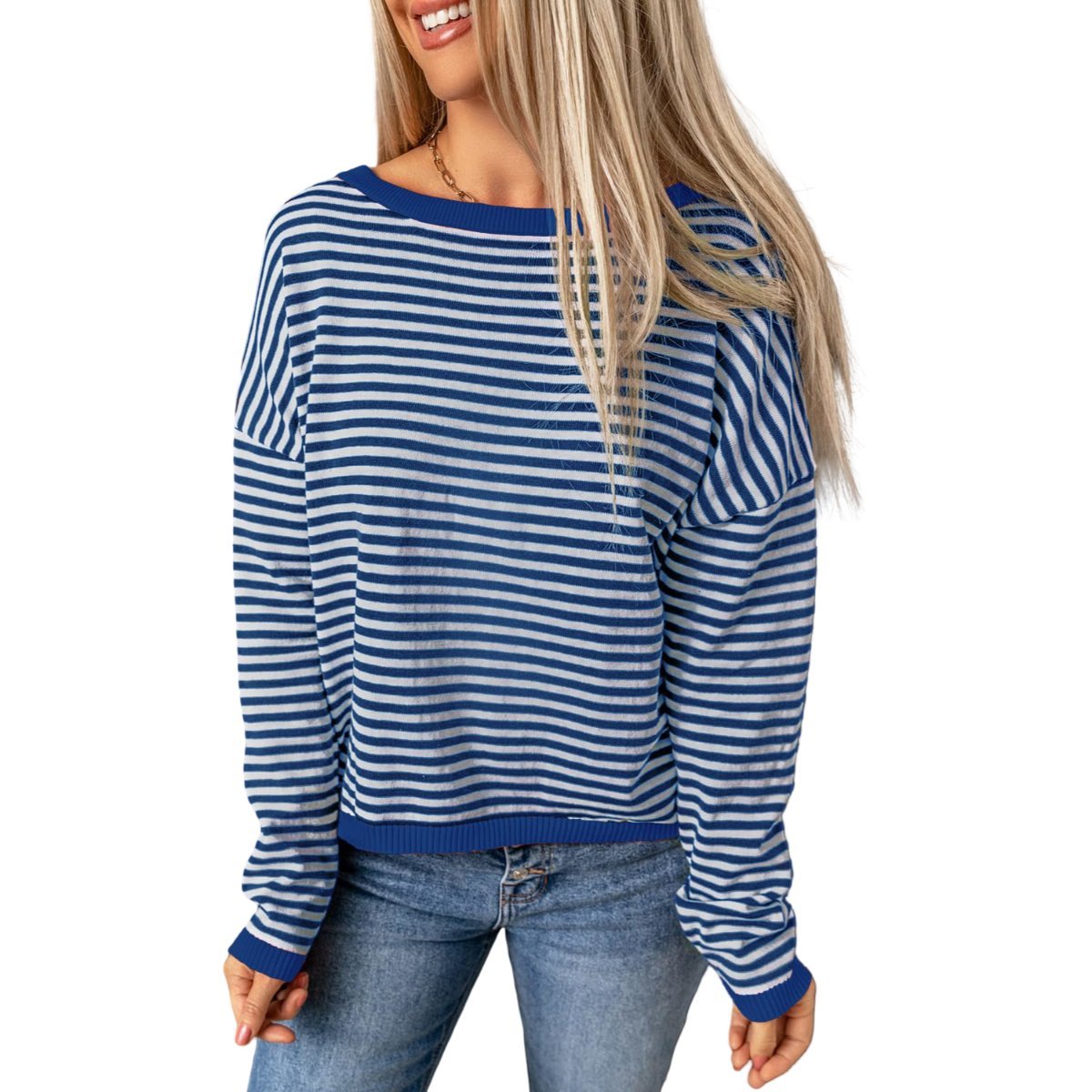 Damska Bluzka z Długim Rękawem Longsleeve w Paski Bawełna Biały Niebieski L