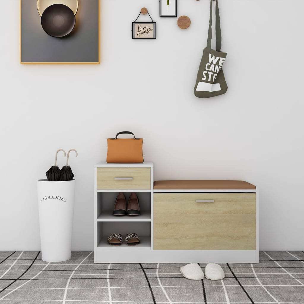 vidaXL Ławka na buty biała i dąb sonoma 94,5x31x57 cm materiał drewnopochodny - Stojak na buty - Półki na buty - Ławka na buty - Ławki na buty