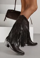 Botki damskie - Brązowe Botki Kowbojki na Stożku z Cholewką z Ćwiekami i Frędzlami Elles - miniaturka - grafika 1