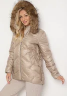 Kurtki damskie - Beżowa Pikowana Kurtka z Kapturem i Odpinanym Futerkiem Sagisia - miniaturka - grafika 1