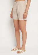 Spodenki damskie - Jasnobeżowe Klasyczne Szorty z Lnem z Gumką w Talii i Kieszeniami Filarenea - miniaturka - grafika 1