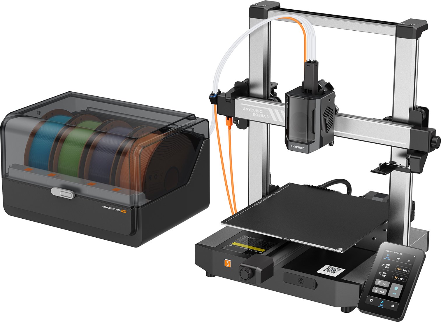 Drukarka 3D Anycubic Kobra 3 Combo, prędkość druku 600 mm/s, 4 drukarki wielokolorowe z suszarką do filamentu ACE Pro, rozmiar wydruku 250x250x260 mm