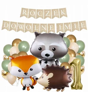 BALONY leśne zwierzątka WOODLAND baner ROCZEK imię - Baby shower i roczek - miniaturka - grafika 1