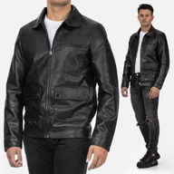 Kurtki męskie - Kurtka męska ze skóry ekologicznej czarna z kołnierzem i kieszeniami HP06U88-1 S Czarny - miniaturka - grafika 1