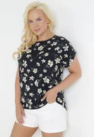 Bluzki damskie - Czarna Bluzka Oversize w Kwiaty z Krótkim Rękawem Suzane - miniaturka - grafika 1