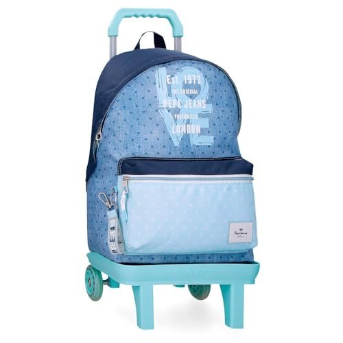 Pepe Jeans Noni Denim Plecak Szkolny z Przenośnym Wózkiem 15,6 cala Niebieski 31x42x17,5 cm Poliester by Joumma Bags, Niebieski, Talla única, plecak szkolny na kółkach