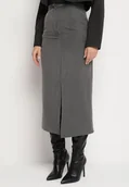 Spódnice - Szara Ołówkowa Spódnica z Wiskozą i Wysokim Stanem Ozdobiona Rozcięciem Semariel - miniaturka - grafika 1
