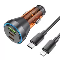 Akcesoria do smartwatchy - HOCO ładowarka samochodowa USB QC 18W + 2 x Typ C 30W + kabel Typ C do Lightning PD60W NZ12D transparentna pomarańczowa - miniaturka - grafika 1