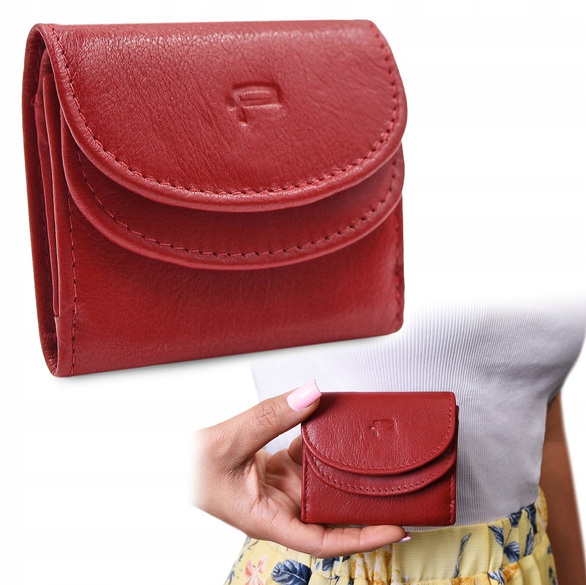 PORTFEL Skórzany Damski MINI, Czerwony z RFiD, Mały i Elegancki Pako Jeans
