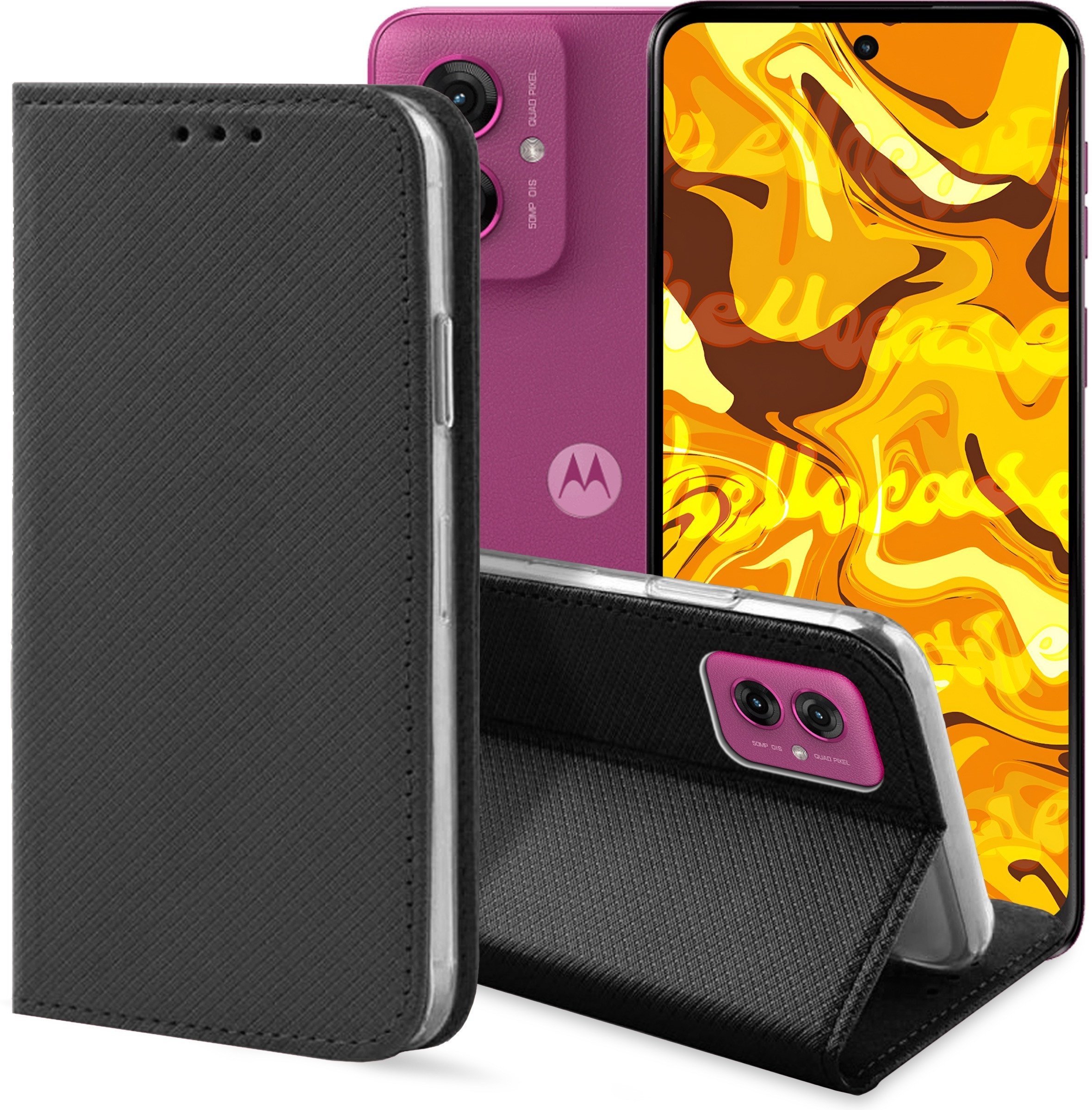 ETUI Z KLAPKĄ DO Motorola Moto G55 CZARNE ZAMYKANE MAGNETYCZNE