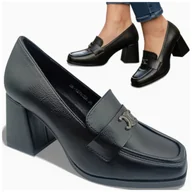 Półbuty damskie - Damskie Półbuty na Obcasie Eleganckie Wygodne Mokasyny Czarne Potocki 38 - miniaturka - grafika 1