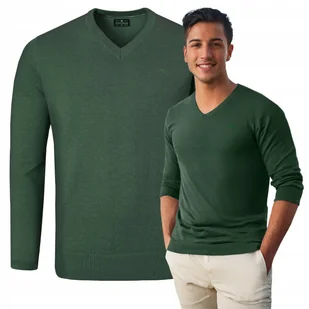 Elegancki SWETER Męski w Serek Bawełniany Gładki ZIELONY XL Pako Jeans - Swetry męskie - miniaturka - grafika 1