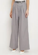 Spodnie damskie - Szare Szerokie Spodnie Palazzo z Wysokim Stanem i Paskiem z Ekoskóry oraz Metalową Klamrą Ninna - miniaturka - grafika 1