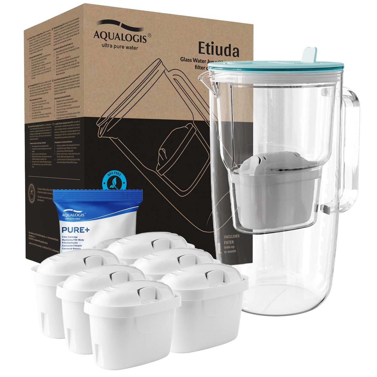 Szklany dzbanek filtrujący Etiuda Niebieski + 6 wkładów Pure+