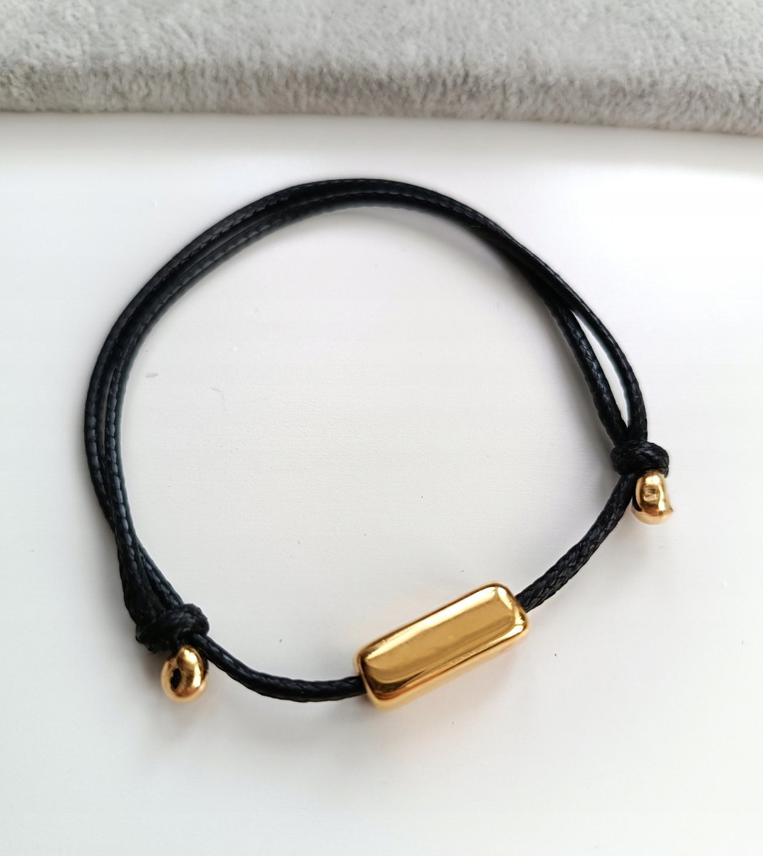 Czarno Złota Bransoletka Ceramika Złocona Sznurek Regulowana Supełkami