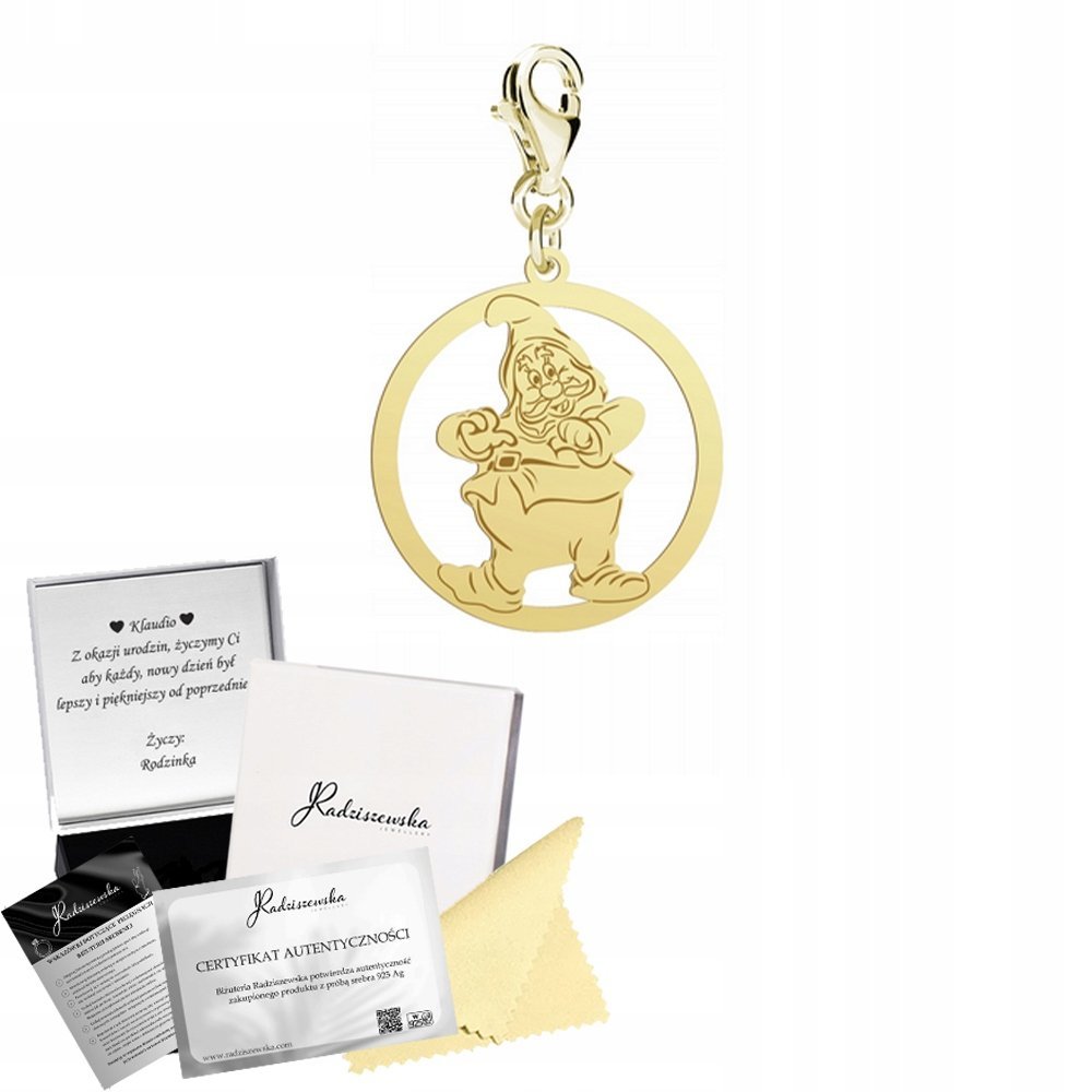 Charms Złoty z Krasnalem Prezent Biżuteria Zawieszka Srebro 925 ŻYCZENIA