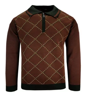 Swetry męskie - Sweter Brązowy z Kołnierzykiem, Góra Zapinana na Zamek, w Romby, Męski - Max Sheldon - grafika 1
