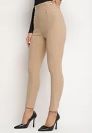 Legginsy - Beżowe Bawełniane Legginsy z Wysokim Stanem i Ozdobnymi Guzikami Rielina - miniaturka - grafika 1