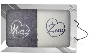 Komplet ręczników w pudełku 2 szt. 70x140 Mąż Żona Serduszko szary jasny kremowy - Ręczniki - miniaturka - grafika 1