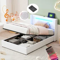 Łóżka - Łóżko tapicerowane Merax 90x200cm z podstawą łóżka i LED, hydrauliczne łóżko pojedyncze z Bluetooth i ładowaniem USB, imitacja skóry , drewniane łóżko do przechowywania, białe - miniaturka - grafika 1