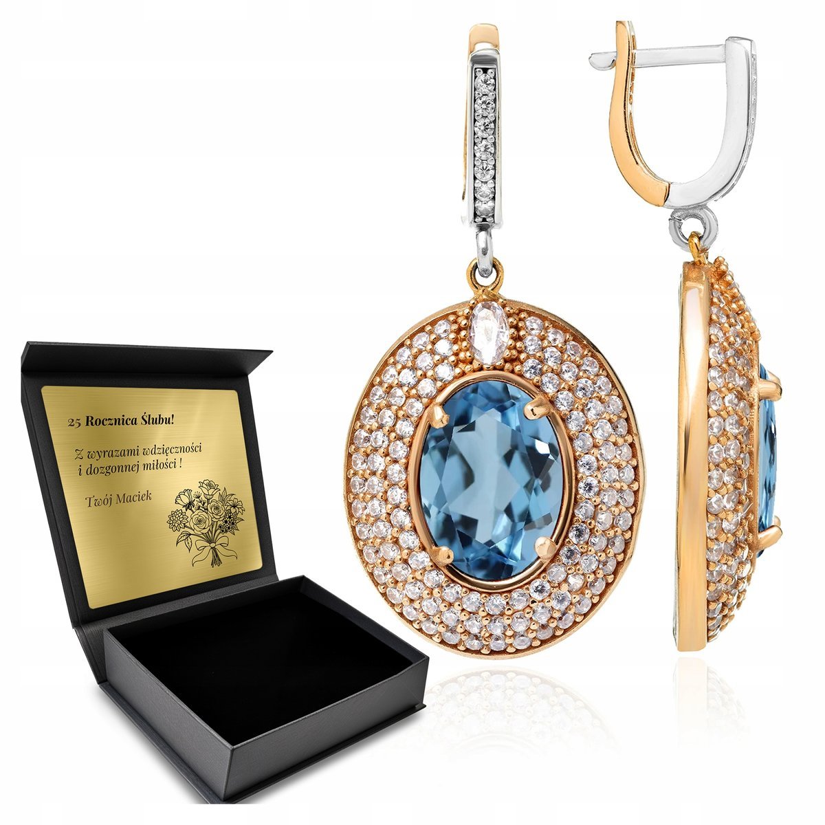 Kolczyki Srebrne 925 Cyrkonie I Topaz Biżuteria Dla Kobiety + Grawer