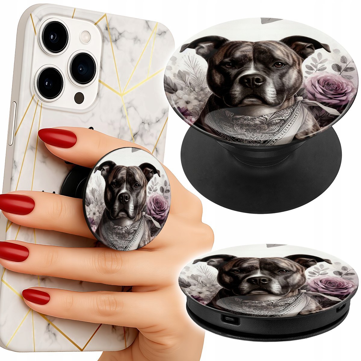 Uchwyt do telefonu Popsocket na palce/stojak PITBULL GROŹNE PSY