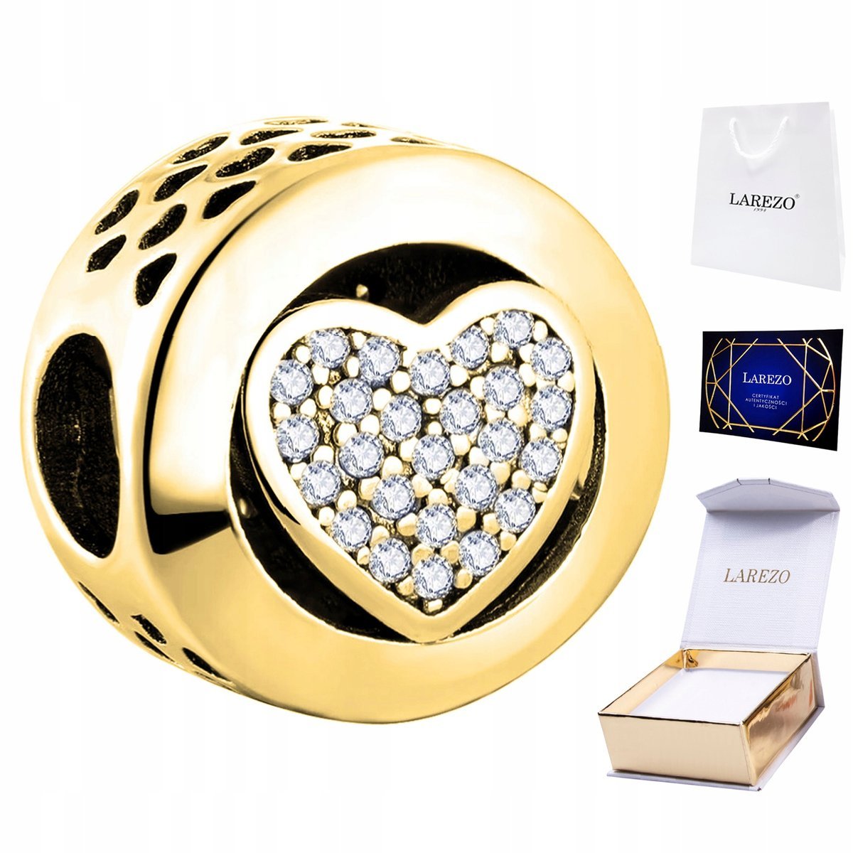 CHARMS ZŁOTY Serce Serduszko z Cyrkoniami Koralik Love Miłość SREBRO 925