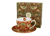 Filiżanki - Filiżanka do kawy i herbaty porcelanowa ze spodkiem DUO Strawberry Thief Red William Morris 270 ml - miniaturka - grafika 1