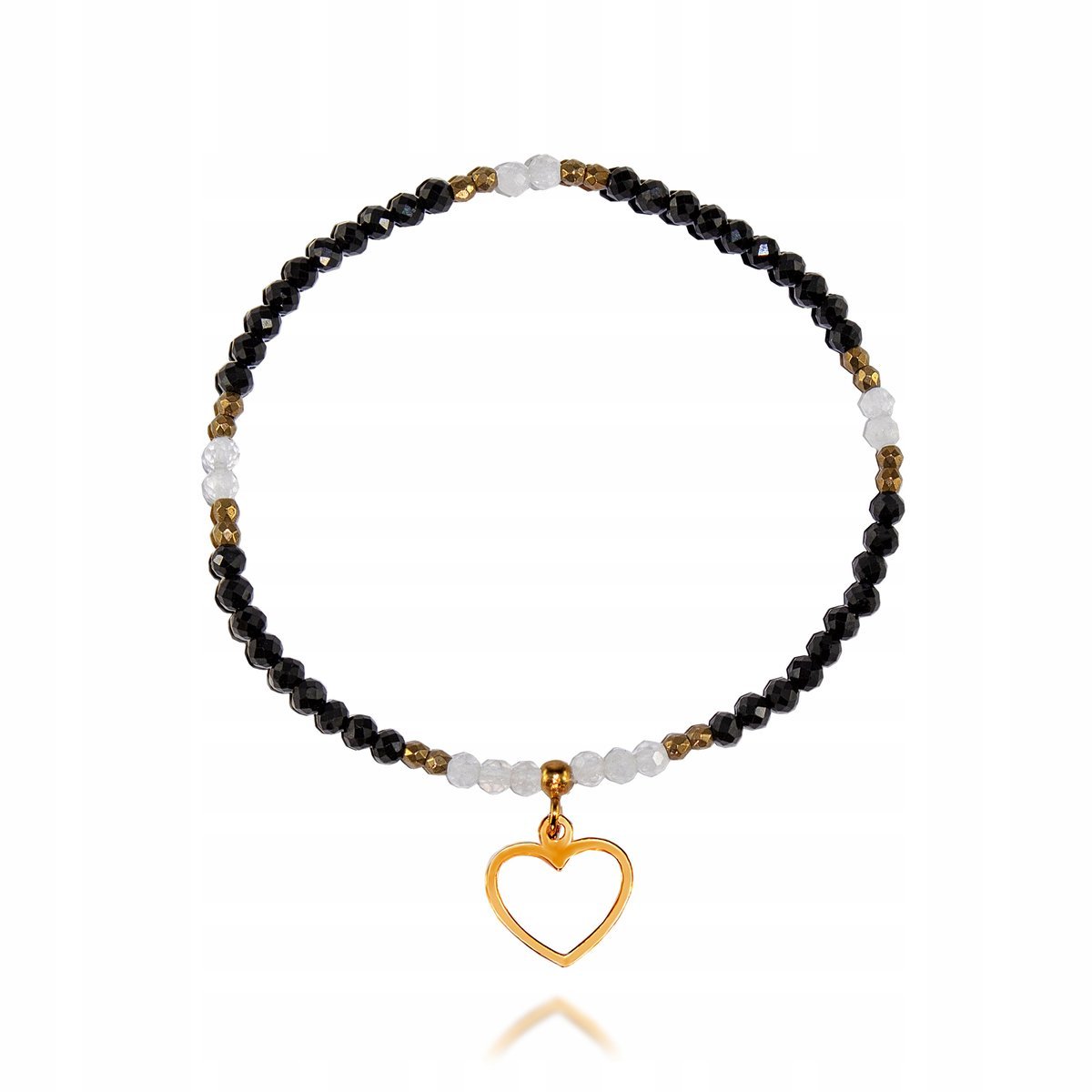 Bransoletka Czarny Turmalin Kamień Księżycowy 3mm Serce Serduszko dł. 19cm
