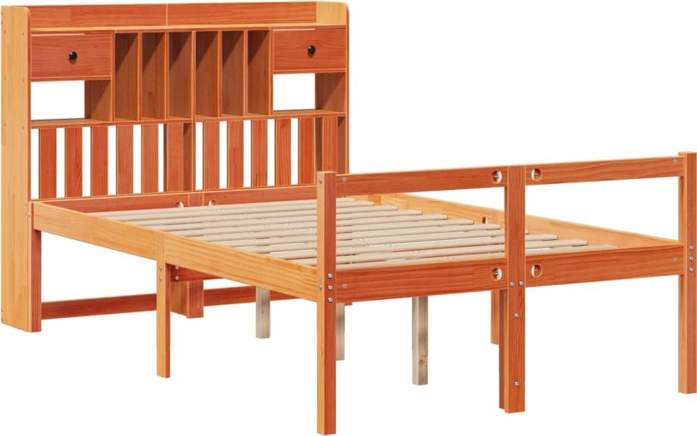 vidaXL Łóżko z litego drewna z półką bez materaca Wosk brązowy 135x190 cm