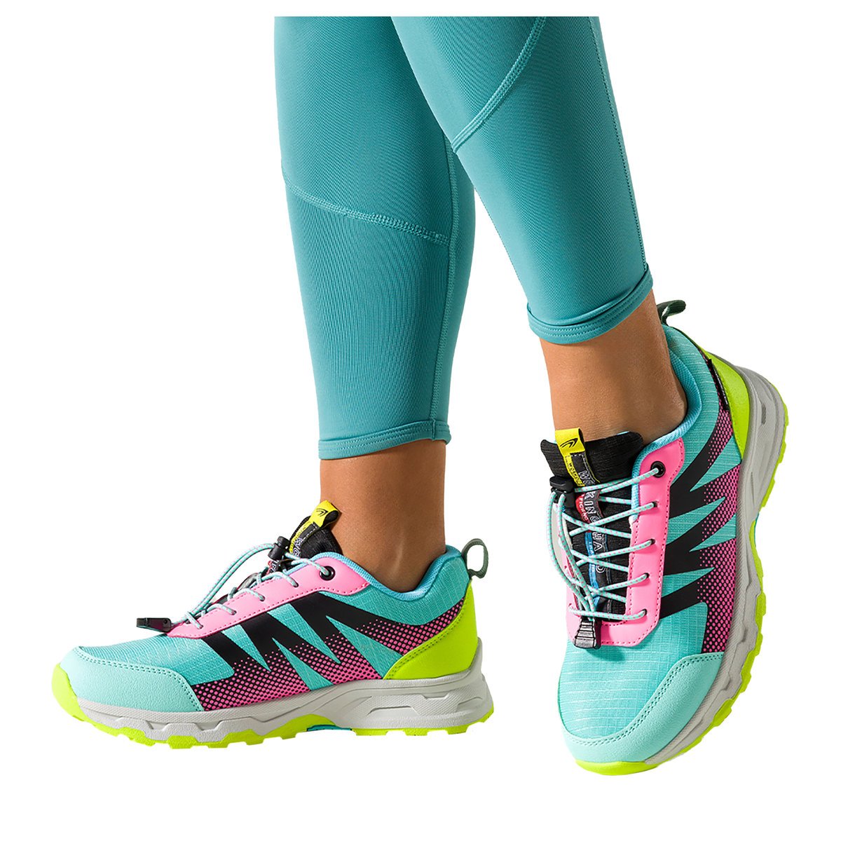 Turkusowe buty sportowe trekkingowe damskie wodoodporne na żłobionej podeszwie z regulowaną elastyczną sznurówką różowe wstawki Casu 7590-1D-38