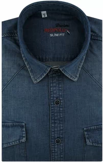 Koszule męskie - Koszula Męska Jeansowa Dżinsowa gładka granatowa z długim rękawem w kroju SLIM FIT Redpolo B790 - None - grafika 1
