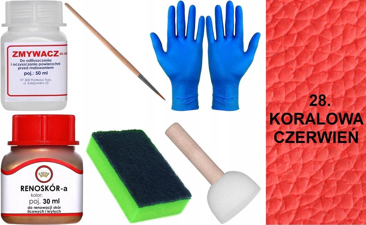 KORALOWA CZERWIEŃ 28 Renoskór ZESTAW DO RENOWACJI SKÓRY BUTÓW Farba Zmywacz