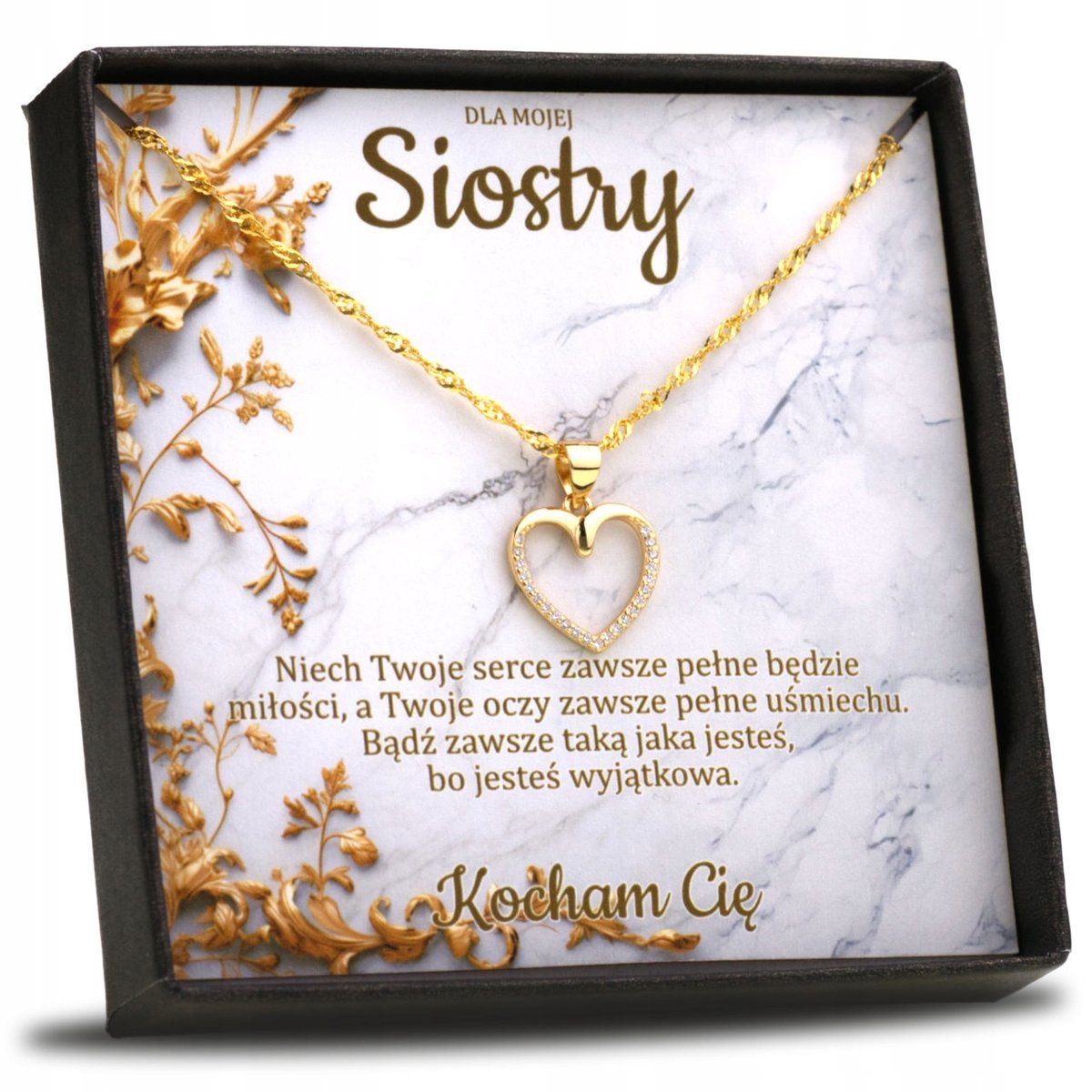 Srebrny Pozłacany Naszyjnik Serce Prezent z Dedykacją dla Siostry