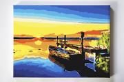 Malowanie po numerach - Słoneczna przystań, jezioro, łódka, zachód słońca, malowanie po numerach - miniaturka - grafika 1