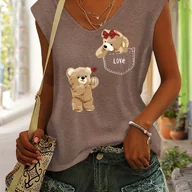 Bluzki damskie - TEMU Koszulka Damska Casual z Dekoltem w Serek - Uroczy Nadruk Dwóch Miszków z Czerwonymi Kokardami, Miękki Rayon, Luźny Fason, Pranie Maszynowe, - miniaturka - grafika 1