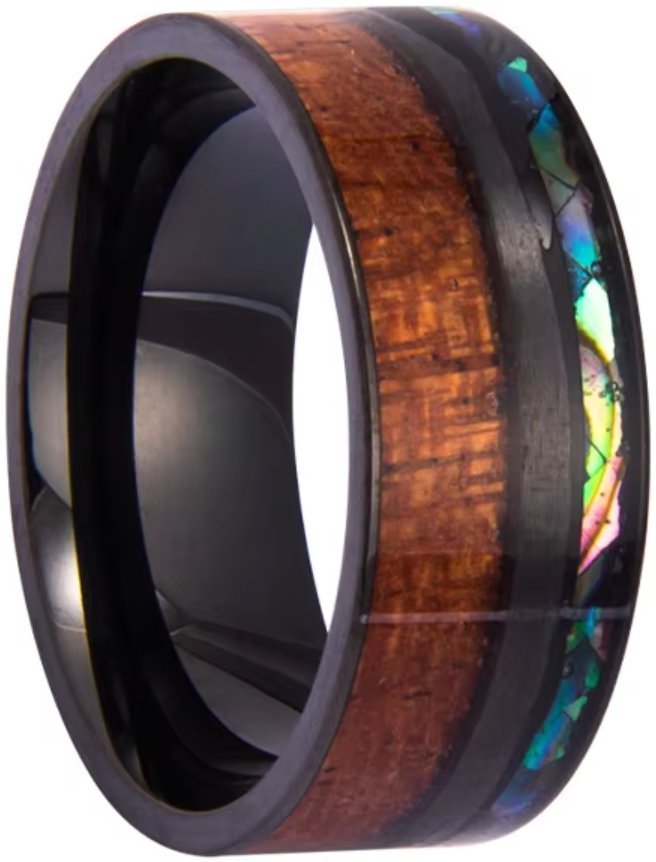 Czarny Pierścień z Drewnem i Masą Perłową Sygnet Luksus Elegancja