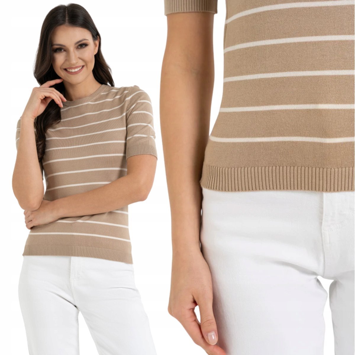 SWETER DAMSKI Z KRÓTKIM RĘKAWEM Z WISKOZY BLUZKA GŁADKA MORAJ XXL BEIGE