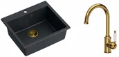 Zlewozmywaki z baterią - Quadron Zlewozmywak granitowy jednokomorowy 57*50*22 cm MORGAN 110 BLACK DIAMOND ze złotym odpływem z baterią RACHEL Q LINE kolor złoty - miniaturka - grafika 1
