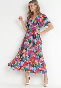 Różowo-Niebieska Rozkloszowana Sukienka Maxi w Kwiatowy Print Ilviza - Sukienki - miniaturka - grafika 1