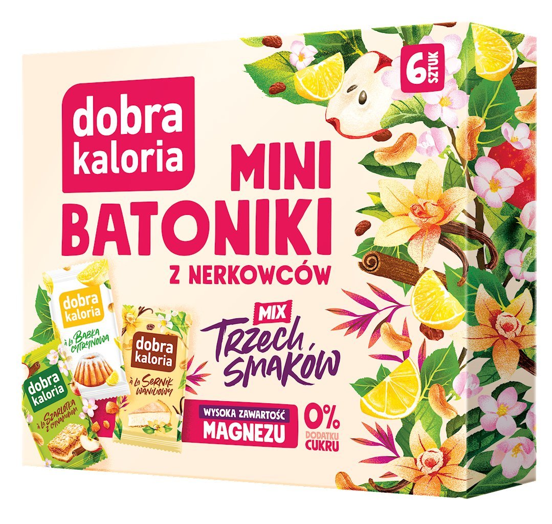 DOBRA KALORIA MINI BATONIKI Z NERKOWCÓW MIX TRZECH SMAKÓW (6x17g) (2xszarlotka, 2x babka cytrynowa, 2xsernik). - KUBARA