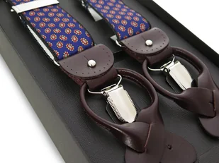 Granatowe szelki do spodni z brązową skórą - geometryczny wzór G73 - Paski Granatowe szelki do spodni z brązową skórą - geometryczny wzór G73 - Paski - miniaturka - grafika 1