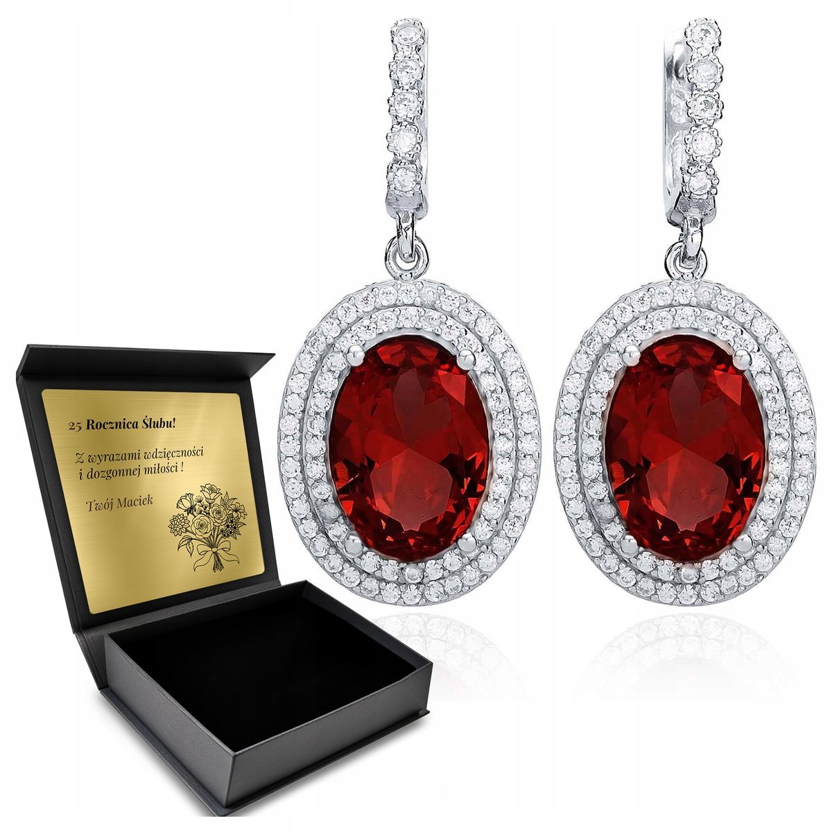 Kolczyki Srebrne 925 Z Cyrkoniami I Granatem Biżuteria Dla Kobiety + Grawer