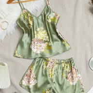 Inne - Kobiecy Elegancki Zestaw Piżamowy z Kwiatowym Wzorem, Koszulka z Dekoltem w Szpic i Szorty, Wygodny Luźny Krój - miniaturka - grafika 1