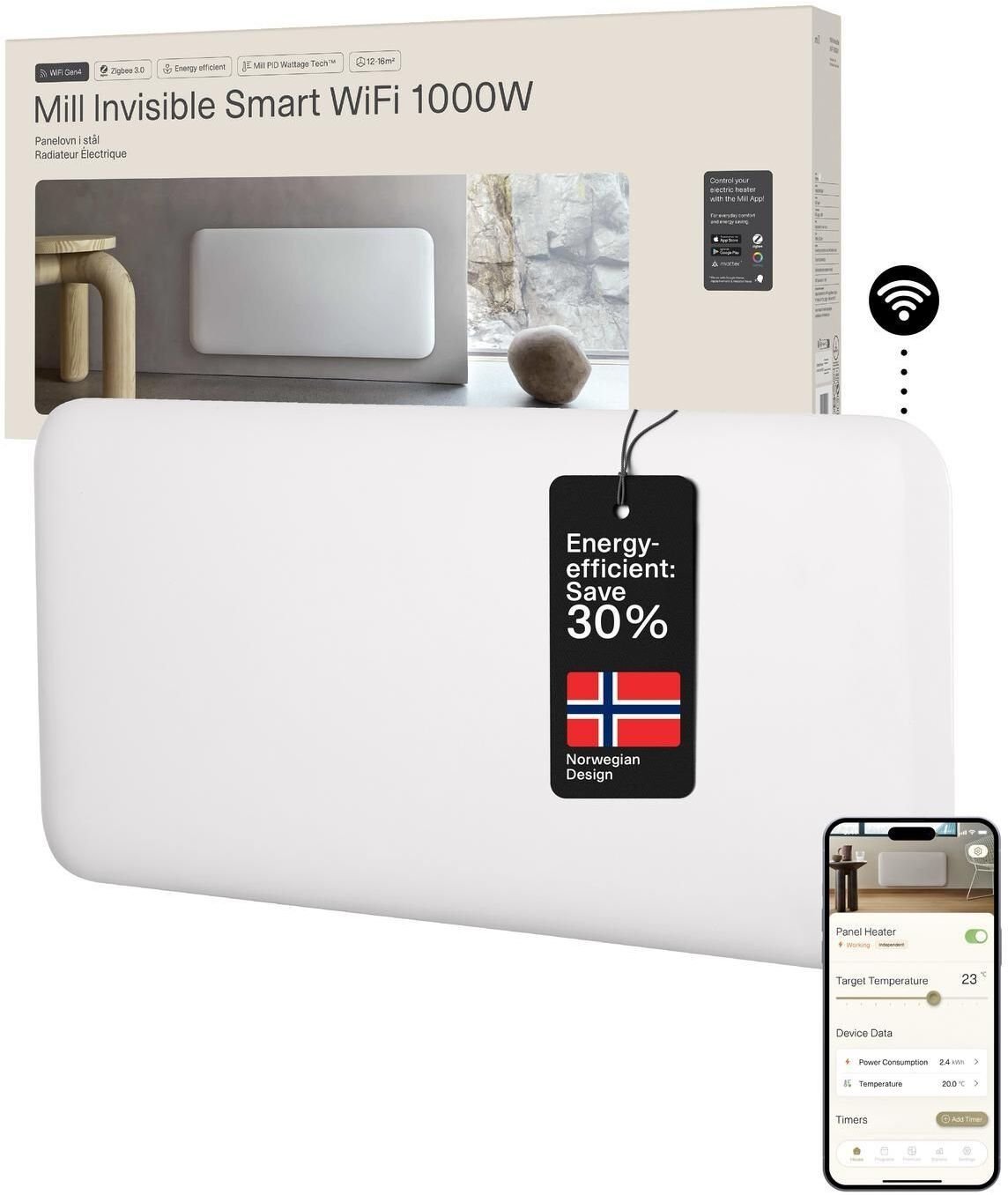 Mill Invisible Smart WiFi Heater PA1000WIFI4 Panel Heater 1000 W Suitable for rooms up to 12-16 m? White IPX4