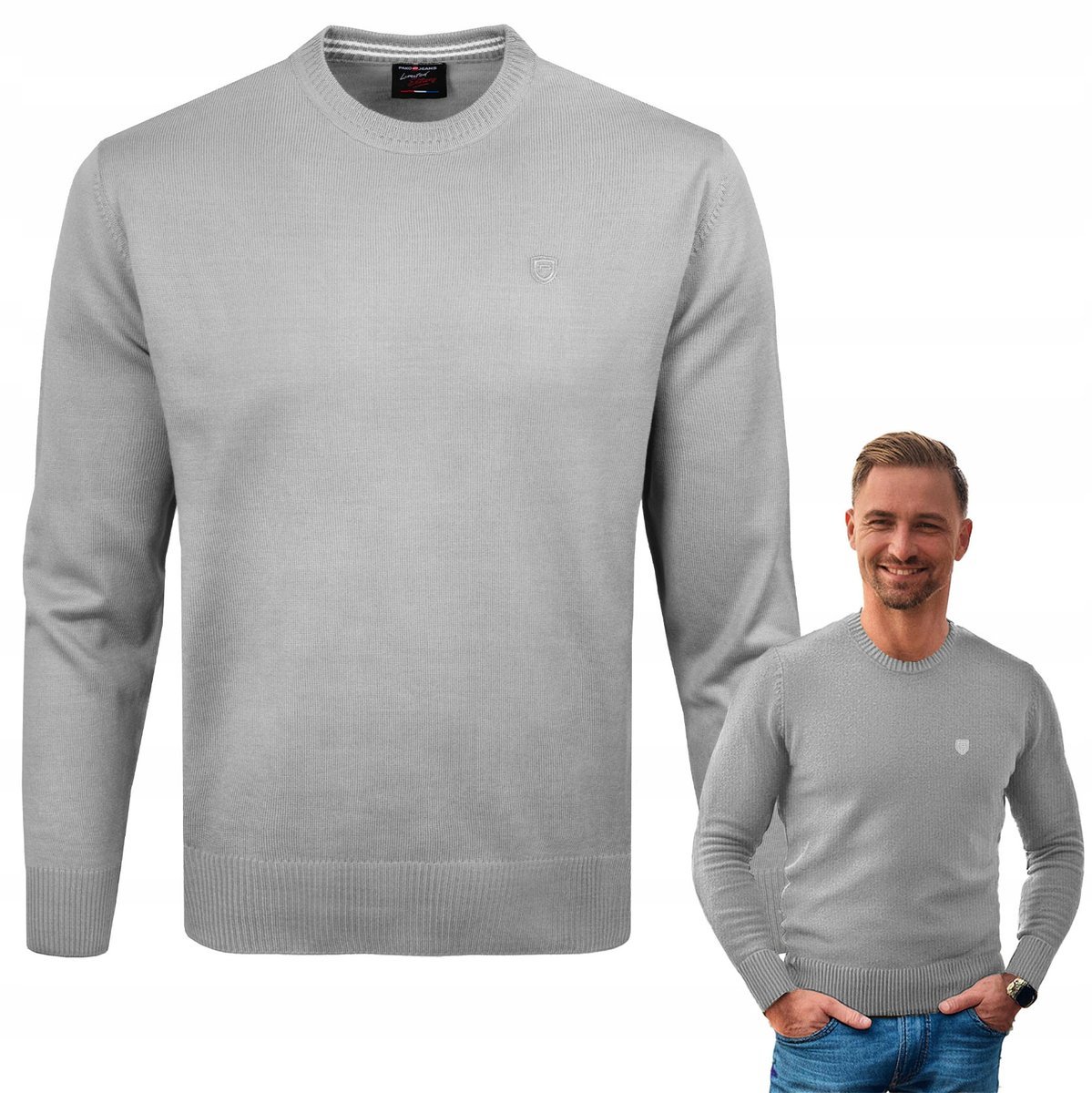SWETER Męski Klasyczny BASIC Gładki JASNOSZARY XXXL Pako Jeans